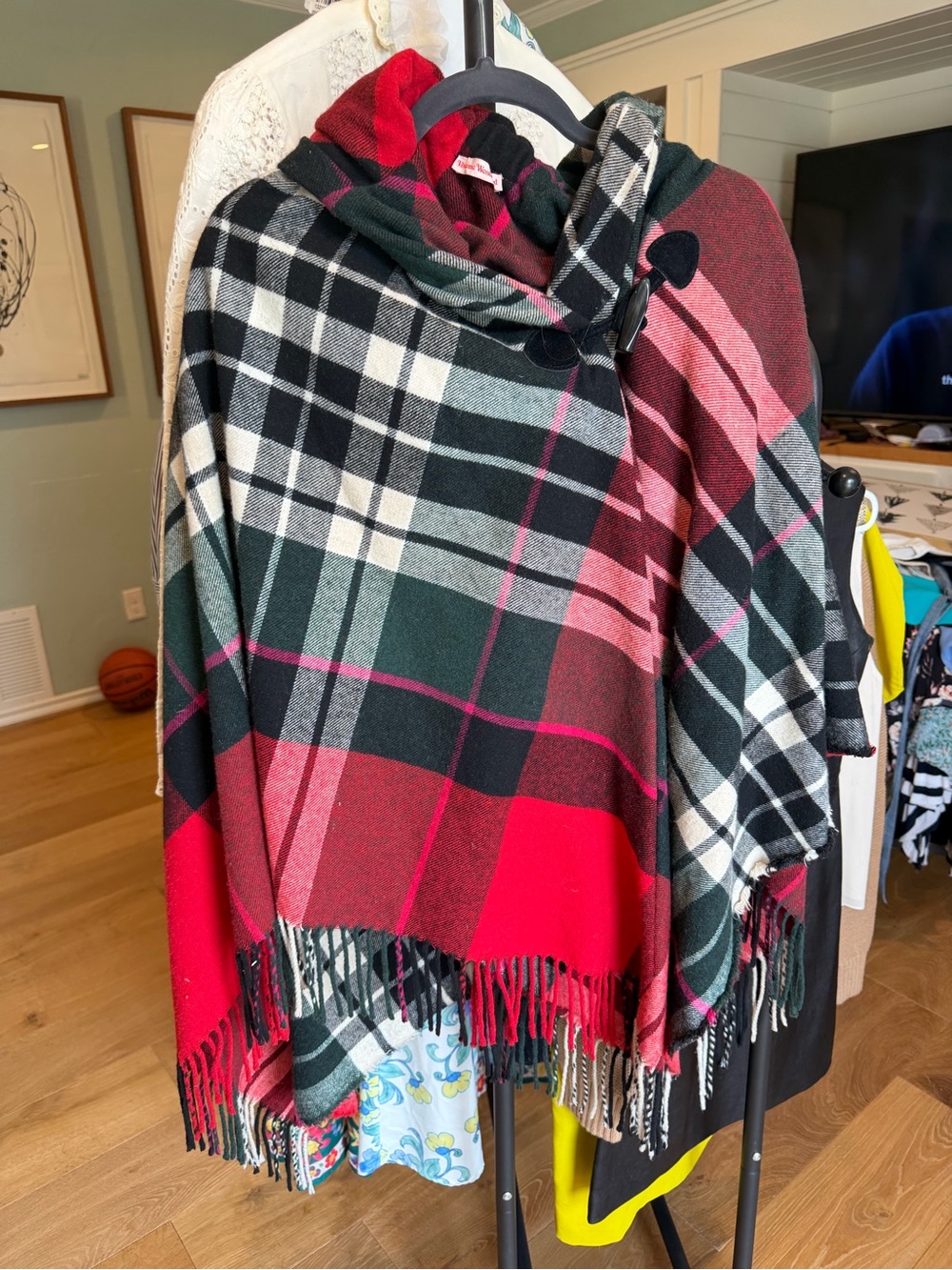 Vivienne Westwood Red, Black & Green Plaid Hooded Poncho